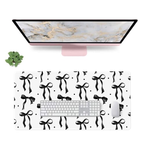 White Mouse Pad Black Bows, Cute Desk Mat Keyboard Pad for Computer Laptop Non-Slip Rubber Base, Stitched Edge, Black Office Pad Desk Accessories Girly Desktop Decor for Girls Women 23.6 x 11.8in - color: Black, size: 23.6" x 11.8"