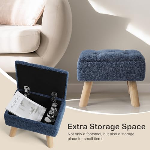 OGEMXU Storage Ottoman, Small Foot Stool Ottoman with Storage, Boucle Teddy Velvet Foot Rest with Padded Seat, Sturdy Wood Legs Stool for Living Room, Bedroom, Couch, Enterway (Dark Blue) - color: Dark Blue