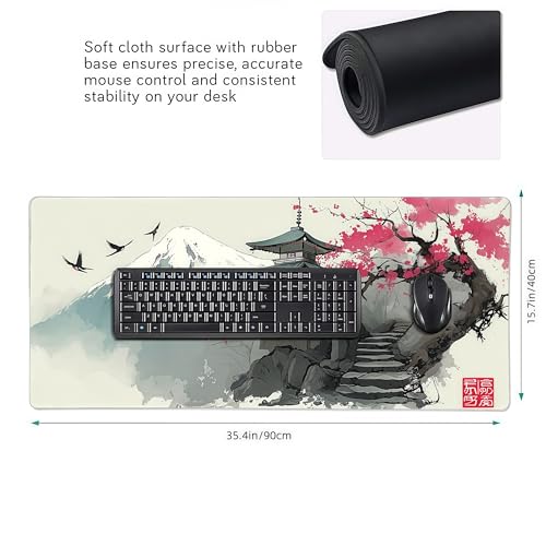 Japanese Pagoda Mouse Pad, Large Extended Gaming Desk Mat, Mount Fuji Cherry Blossom Design, Soft Cloth Surface with Rubber Base, 35.4in x 15.7in - color: Fuji Cherry Blossom