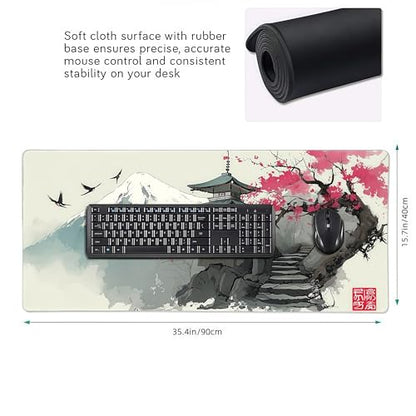 Japanese Pagoda Mouse Pad, Large Extended Gaming Desk Mat, Mount Fuji Cherry Blossom Design, Soft Cloth Surface with Rubber Base, 35.4in x 15.7in - color: Fuji Cherry Blossom