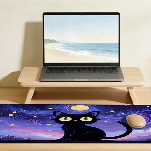 Black Cat Under Purple Starry Night Gaming Mouse Pad Large Desk Mat Extended Keyboard Anime Mousepad with Non-Slip Base and Stitched Edge for Desk Home Office Gaming,31.5 x 11.8 Inch - color: Black Cat under Purple Starry Night, size: 11.8*31.5inch