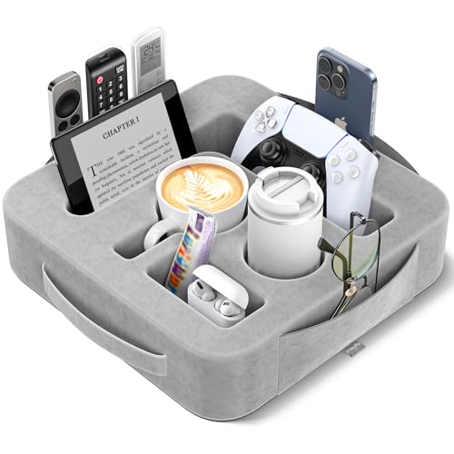 Couch Cup Holder Pillow, Sofa and Bed Caddy for iPad, Kindle, Switch, Game Controller, Remotes, Phones, Small-Sized Cup and Drink Holder for Couch, Bed, Desk, Car, Bathroom Cup Holder, Ash Gray - color: Ash Gray, size: M-13"×13"×3.2"