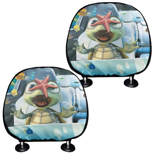 Cute Sea Turtle Car Seat Headrest Protector Set of 2 Pcs Vehicle Seat Pillow Covers Stretchy Auto Seats Headrest Cover Universal Auto Interior Accessories - color: Cute Sea Turtle