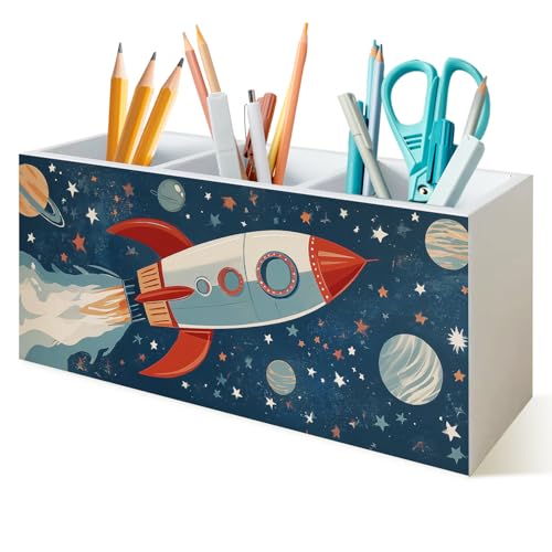 Outer Space Pen Holder for Desk, Blue Galaxy Cosmic Rocket Planet Celestial Wooden Box Sign Desk Storage Organizer for Kids Room Nursery Classroom, Space Decor for Boys Room - color: Outer Space