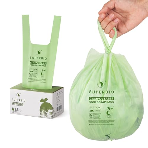 SUPERBIO 1.6 Gallon Handle Tie Compostable Food Scrap Bags For Counter Top Compost Bin, Small Compost Bags, 50 Count, 6 Liter, BPI & OK compost INDUSTRIAL Certified - color: 1.6 Gallon Handle Tie, 50 Count