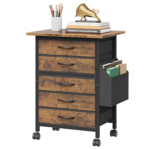 HIGDBFE 5 Fabric Drawers File Cabinet with Side Pocket, Rolling Printer Stand with Storage for Home Office, Wood Top Storage Cabinet Office Storage for Documents and Crafts, Rustic Brown, 15" D - size: 15"D (5 Drawers)