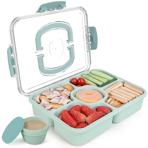 Large Snackle Box Container with Dip Container, 5 Compartments Snack Container with Lid and Handle, Veggie Fruit Divided Serving Tray for Party, Picnic, Dishwasher Safe, BPA-Free - color: Green
