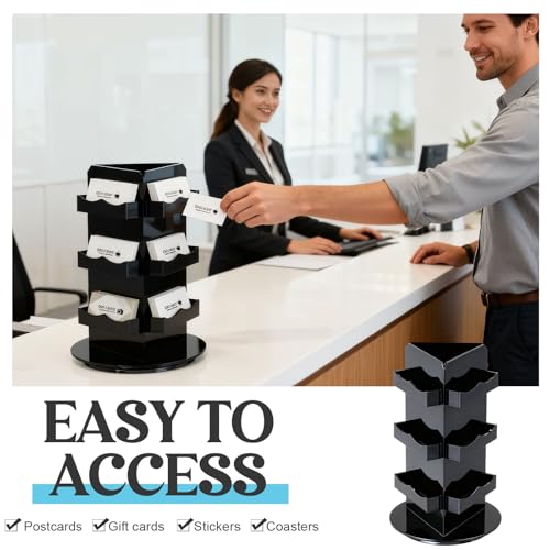 Pinkunn Black Rotating Display Stand, 3 Tier Acrylic Sticker Display Stand, Spinning Business Card Holder, Brochure Appointment Cards Rotating Holder for Office Home Vendors Desk, 5.9 x 9.8 Inch