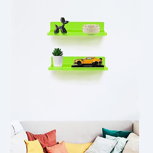ROYALITA Small Acrylic Shelves Wall Mounted | Set of 2 | 12 Inches | Wall Hanging Plant Display Shelves, Room Decor Floating Wall Shelves for Gaming Room Bedroom, Living Room, Office, Green - color: Neon Green, size: 12 Inch