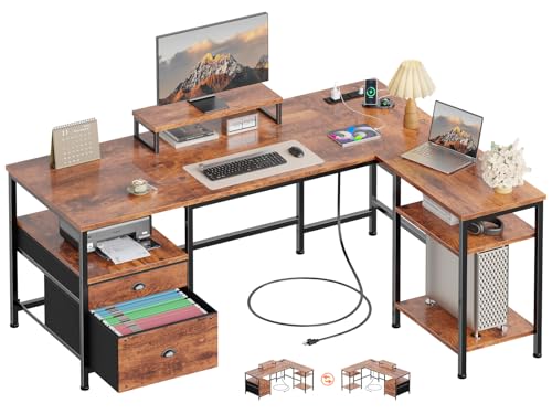 Furologee L Shaped Computer Desk with Power Outlet, Reversible Home Office Desk for Work Study, 50 Inch Corner Gaming Table with File Drawer, Monitor Stand, Storage Shelves, Rustic Brown - color: Rustic Brown, size: 50 Inch