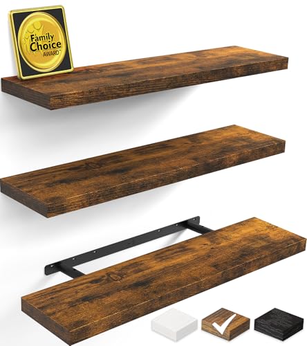 BAYKA Floating Shelves for Wall, Set of 3, 35.4 Inches Wall Mounted Wood Shelves for Bathroom, Bedroom, Living Room or Kitchen, Hanging Shelf for Books/Storage/Decor with 30lbs Capacity, Rustic Brown - color: B. Rustic Brown - Americana Farmhouse Style, s