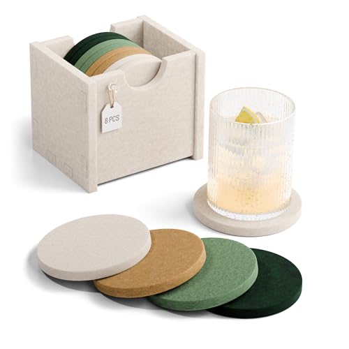 Fluxynara Felt Coasters for Drinks, Set of 8 Absorbent Coasters with Holder, Heat-Resistant & Reusable Round Design for Coffee Table & Living Room, 3.94 Inch, Moss Glimmer - color: Moss Glimmer, size: Round - 8 Count