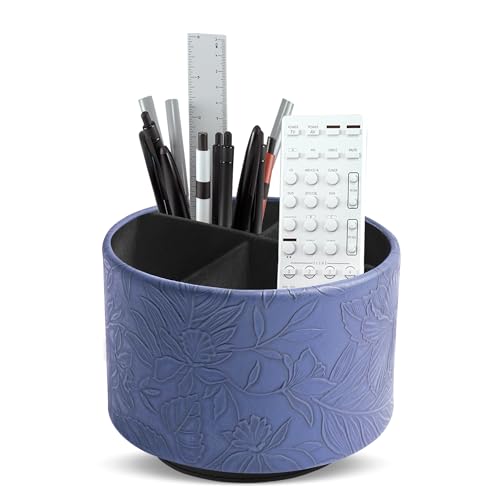 Round Leather Art Supply Organizer,Remote Control Holder,360 Degree Spinning,Multi-Functional Pencil Holder,4 Compartments Desktop Stationary Organizer(1-Carved Dark Blue) - color: 1-Carved Dark Blue