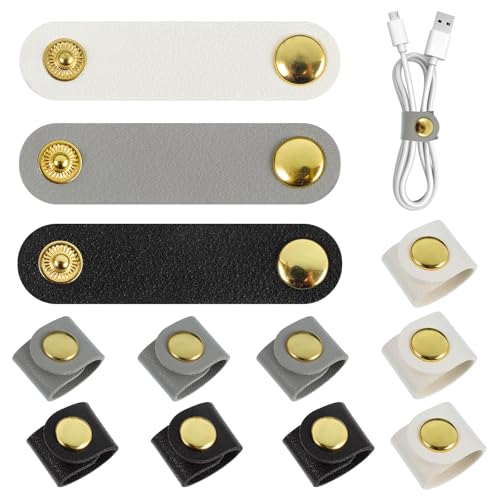 12 Pcs Cord Organizer, Stocking Stuffers for Men Portable PU Leather Cord Holder Winder Keeper Earphone Cable Cord USB Straps Earphone Winder with Leather Handmade(Black/White/Grey) - color: Black&White&Grey