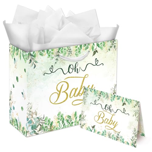 Woohookaka Sage Green Baby Gift Bags 13" Large - With Handle, Tissue Paper & Card for Newborn, Gender Reveal Party Decor - color: Baby