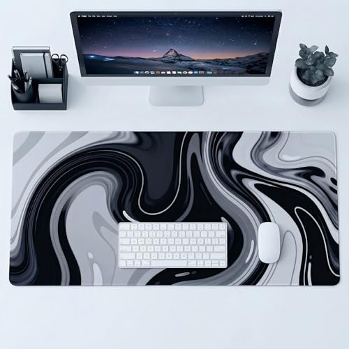 Large Black Grey Liquid Mouse Pad, Extended XL Gaming Desk Pad with Non-Slip Rubber Base, Stitched Edges, Waterproof Surface for Keyboard and Computer 35.4x15.7 inch