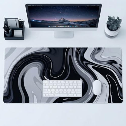 Large Black Grey Liquid Mouse Pad, Extended XL Gaming Desk Pad with Non-Slip Rubber Base, Stitched Edges, Waterproof Surface for Keyboard and Computer 35.4x15.7 inch