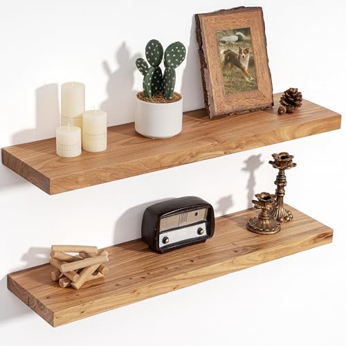 Floating Shelves for Wall Decor, 8" Deep Rustic Solid Elm Wood Floating Shelves Wall Mounted, Wall Shelves with Invisible Bracket for Living Room Bathroom Bedroom Kitchen, 30 Inch Set of 2, Natural - color: Natural, size: Flat Edge, 30inch, 2Packs