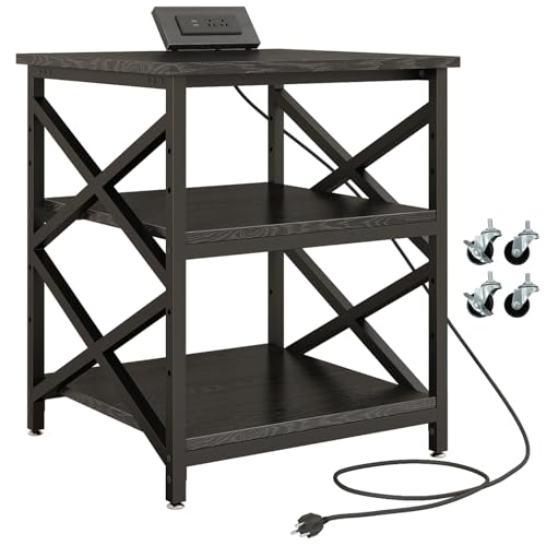 METYERRY Large Printer Stand with Power Outlet, with Height Adjustable Storage Shelf, 3 Tier Rolling Printer Cart with Industrial Wheels, 23.6 x 23.6 Inches Printer Table for Home Office,Black - color: Black
