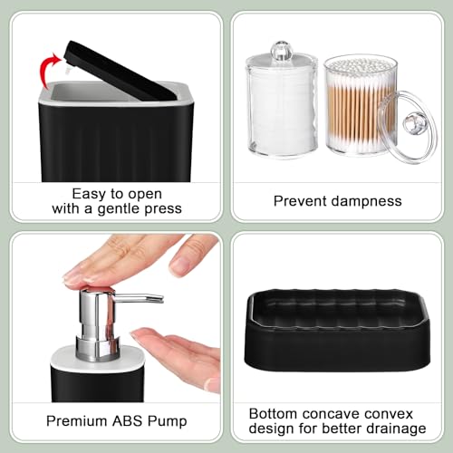 Hosuly 9 Pcs Bathroom Accessory Set Shower Curtain and 12 Hooks Table Trash Can Soap Dispenser Soap Dish Non Slip Bathroom Rugs Cup and Cotton Swab Holder Complete for Bathroom Decor (Black) - size: Black