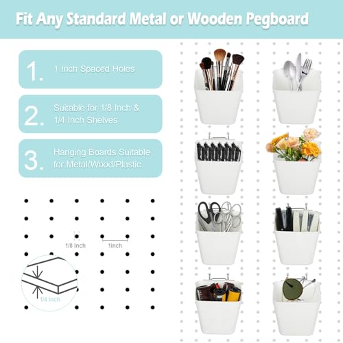 8 Pack Large Pegboard Bins with Hooks, Square Box Shape Peg Board Cups and Peg Board Accessories for Craft Room, Playroom, Office, Garage, and Wall Mount Organization (White) - color: White