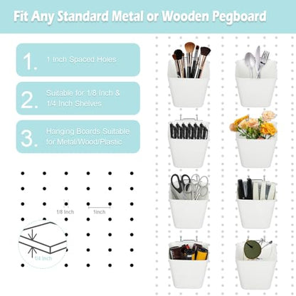 8 Pack Large Pegboard Bins with Hooks, Square Box Shape Peg Board Cups and Peg Board Accessories for Craft Room, Playroom, Office, Garage, and Wall Mount Organization (White) - color: White