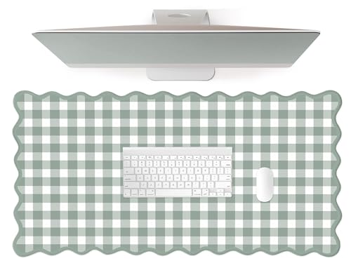 Scalloped‌ Sage Green Checkered Desk Mat Cute Pastel Large Gaming Mouse Pad Gingham Kawaii Cottagecore ‌Vintage‌ Girly Keyboard Computer Mat Aesthetic Desk Pad Accessories Office Decor for Women - color: A1-sage Gray