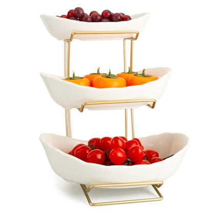 3 Tier White Gold Fruit Bowl and Tray with Metal Stand, Triple Layer Fruit Basket for Snacks, Nuts, Bread, Candy Storage - color: B white triple layer