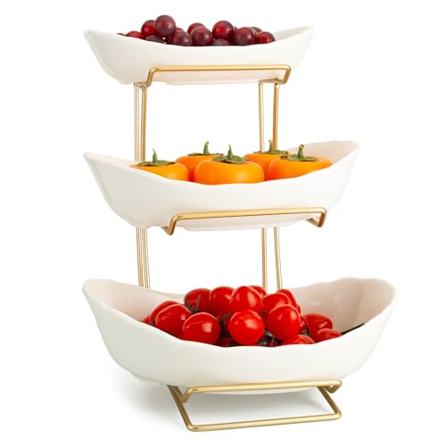 3 Tier White Gold Fruit Bowl and Tray with Metal Stand, Triple Layer Fruit Basket for Snacks, Nuts, Bread, Candy Storage - color: B white triple layer
