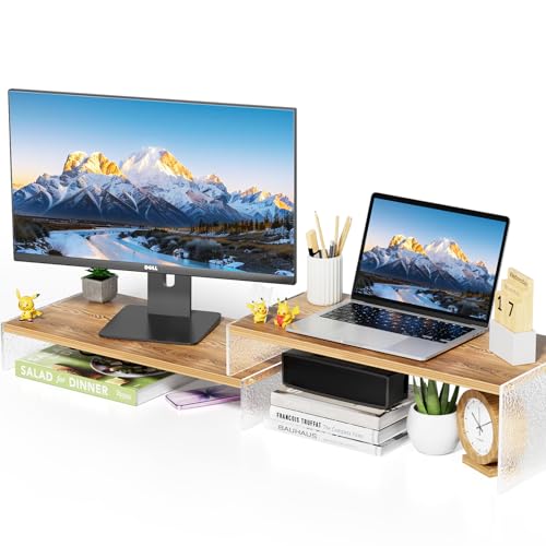 Adjustable Monitor Stand Riser with Acrylic Legs丨9.4" Wide Dual Monitor Stand for Desk丨2-Tier Wood Desktop Organizer for Computer, Laptop, Printer & PC丨Modern Aesthetic Desk Shelf(wood-glacial striae) - color: wood-glacial striae, size: 9.4’ W*19.3L