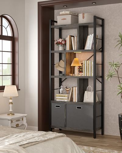 Armocity Bookshelf with Drawers - 5 Tier Tall Bookcase Geometric Modern Book Shelf Display Standing Bookshelves with Storage for Living Room, Bedroom Home Office, Grey Oak - color: Grey Oak