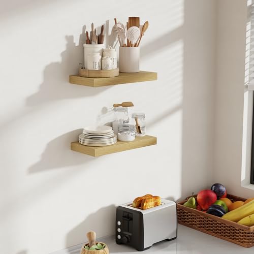 Acovy 16 Inch Floating Shelves, 8 Inch Deep Floating Shelves for Wall, Hanging Shelf with Invisible Brackets, Deep Shelves for Bathroom, Bedroom, Living Room, Oak, Set of 2 - color: Oak, size: 8"Wx16"L-2pcs