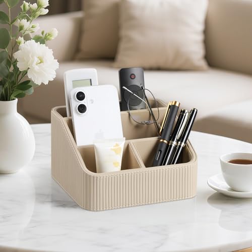Remote Control Holder with 4 Compartments, PU Leather Small Nightstand Organizer for Home Desk Accessories Office Supplies, Multifunctional Stylish Small Bedside Desktop Organizers (Beige) - color: Beige