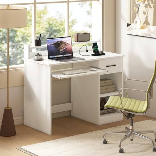 Giantex White Desk with Drawers, Modern Home Office Desk with Keyboard Tray, Monitor Stand & Adjustable Shelf, PC Laptop Table Computer Workstation, Study Writing Desk for Small Spaces, Bedroom