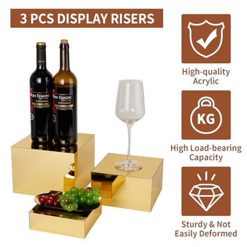 3 Pcs Gold Acrylic Risers Display Stands, Mirrored Nesting Cube Boxes Pedestal for Figures Collectibles, Jewelry Purse Wallet Showcase Blocks, Buffet Risers Food Display Catering Dessert Cake - size: Gold 3pcs (6",7",8")