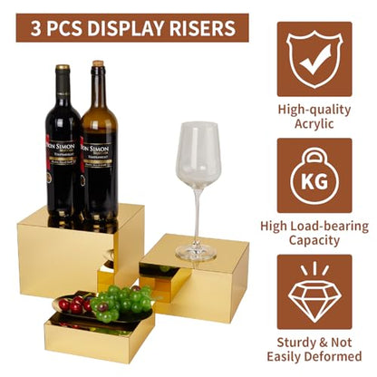 3 Pcs Gold Acrylic Risers Display Stands, Mirrored Nesting Cube Boxes Pedestal for Figures Collectibles, Jewelry Purse Wallet Showcase Blocks, Buffet Risers Food Display Catering Dessert Cake - size: Gold 3pcs (6",7",8")