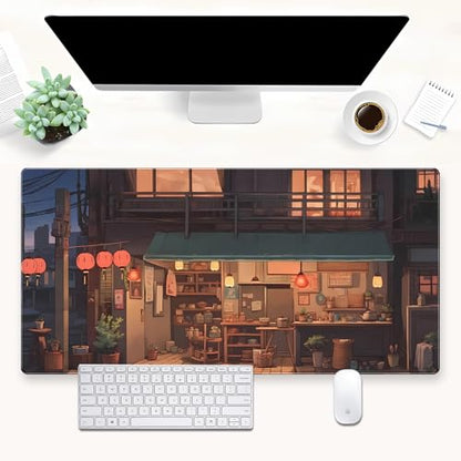 Extended Gaming Mouse Pad XL, Japanese Anime Desk Mat 31.5x15.7, Non-Slip | Beautiful large desk pad featuring a cozy retro Japanese street design. Elevates your aesthetic home office setup. - color: Warm and Cozy Store
