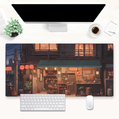 Extended Gaming Mouse Pad XL, Japanese Anime Desk Mat 31.5x15.7, Non-Slip | Beautiful large desk pad featuring a cozy retro Japanese street design. Elevates your aesthetic home office setup. - color: Warm and Cozy Store