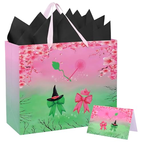 Mprocen Pink Green Party Favor Bags, Witch Musical Cartoon Animation Goodie Bags with Greeting Cards Tissue Papers for Witch Crown Theme Birthday Party Supplies - color: Themed 1