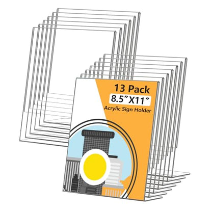 13 Pack Acrylic Sign Holder 8.5x11, L-Shape Clear Plastic Display Stands for Tabletop, Slanted Back Menu Flyer Paper Photo Picture Frame Display Stand for Restaurants Office Store Show Fair