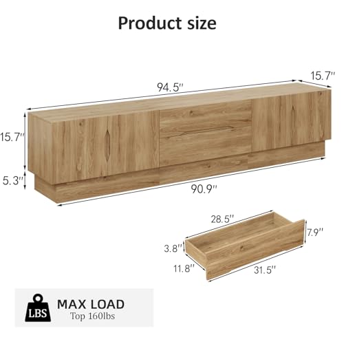 94.5" Wide Modern TV Stands for Living Room, Entertainment Center with Storage Cabinets and Drawers,Wooden TV Console with Fluted Handle,Media Console for Bedroom, Dining Room, Natural - color: Natural, size: 94.5"