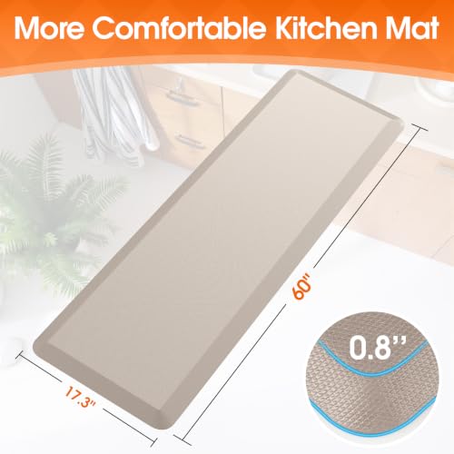 4/5 Inch Thicker Kitchen Mat, Cushioned Thick Floor Comfort Mat, with Non-Slip Bottom, Water & Stain Resistant, Easy Clean Standing Desk Mat for Kitchen, Sink, Office (17.3"x60"x0.8", Khaki) - color: Khaki, size: 60"L x 17.3"W x 0.8"Th