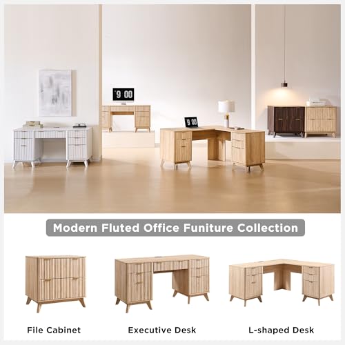 T4TREAM 60'' Fluted Executive Desk with Drawers, Modern Home Office Computer Desk with Charging Station, Keyboard Tray, File Drawer and Storage Cabinet for Study, Living Room, Bedroom, Natural Oak - color: Natural Oak