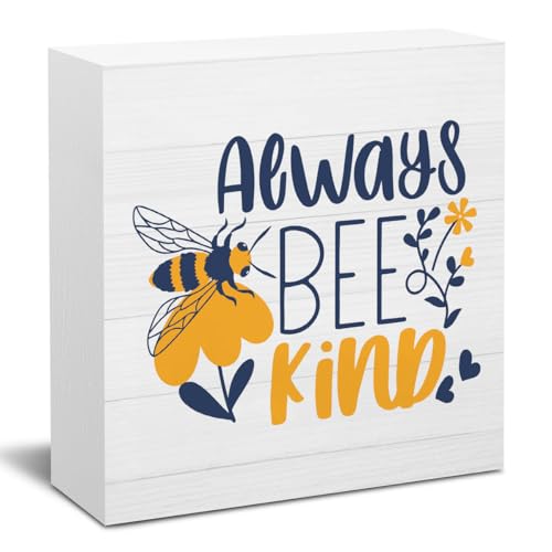 Summer Bee Decorations for Home Cute Bee Sign Honeybee Decor Gifts for Women Positive Quotes Wooden Box Sign Desk Accessories Home Office Teacher Classroom Decor 5 X 5 Inch - color: Be Kind 1
