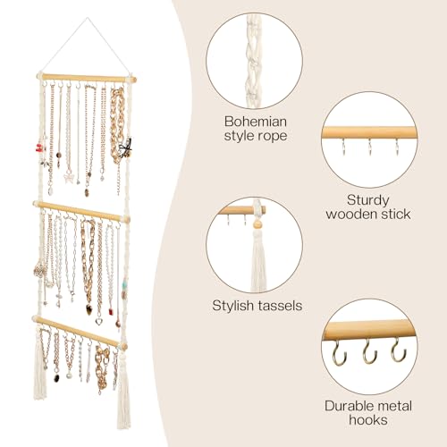 UREYMX Hanging Jewelry Organizer Macrame Necklace Holder, with 30 Hooks, Over Door Necklace Rack, Wall Mounted Jewelry Hanger with Tassel Boho for Necklace Headband Bow Earring Bracelet