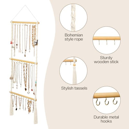 UREYMX Hanging Jewelry Organizer Macrame Necklace Holder, with 30 Hooks, Over Door Necklace Rack, Wall Mounted Jewelry Hanger with Tassel Boho for Necklace Headband Bow Earring Bracelet