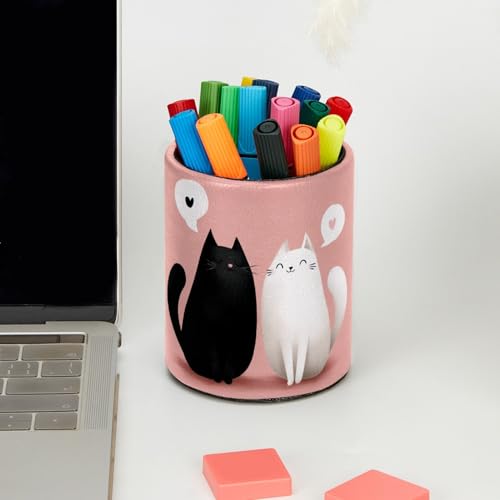 Black and White Cats Pen Holder Pencil Organizer for Desk, 3.1” x 3.1” x 3.9” Pencil Cup Office Supplies, Large Capacity Cute Pen and Makeup Brush Holder for Home, School, Desktop - color: Black and White Cats