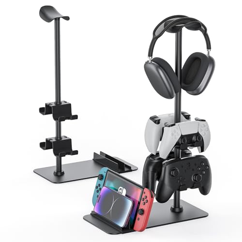 MANMUVIMO Headset Stand Controller Holder for 1 Headset and 4 Controller, Headphone Game Controller Stand for Desk, Gamer Gifts, Organizer Rack for iPad/Mobile Phone, Gaming Room Accessories - size: 1 Headphone 4 Controller Holder Black