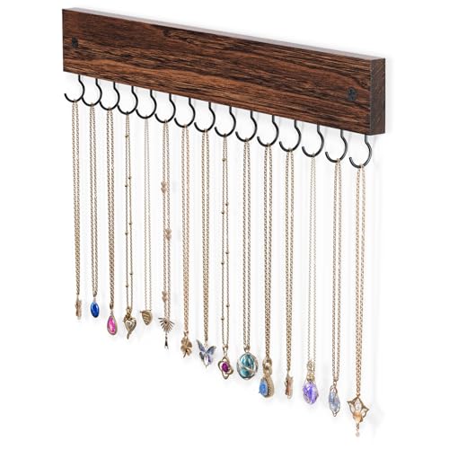 Lolalet Wooden Necklace Holder for Wall with 15 Hooks, Necklaces Hanger Easy Install Wall Mount Necklace Organizer, Jewelry Hangers for Chains, Bracelets, Earrings -Brown - color: Brown