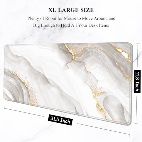 Auhoahsil Large Mouse Pad, XXL Gaming Mousepad, Desk Mat for Desktop, Thick Rubber, Big & Long Size, Stitched Edges, Full Desk Pad for Laptop & Computer, Extended 31.5 x 11.8 in, Gold Gray Marble - color: 07 White Gold Gray Marble, size: 31.5L x 11.8W inc